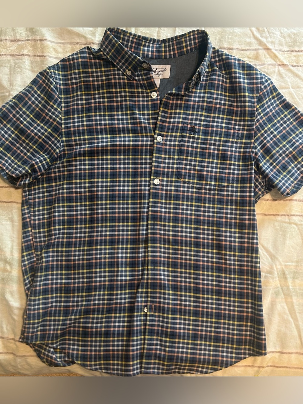 Original Penguin Men’s Blue Plaid Button-Down Shirt, Yellow and White Stripes M